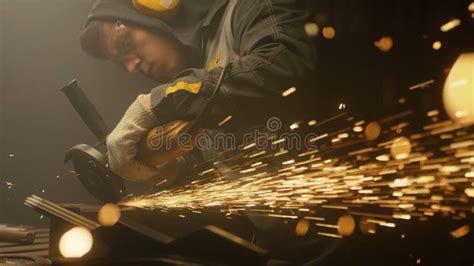 Industrial Worker Cutting Metal With Many Sharp Sparks Male Using