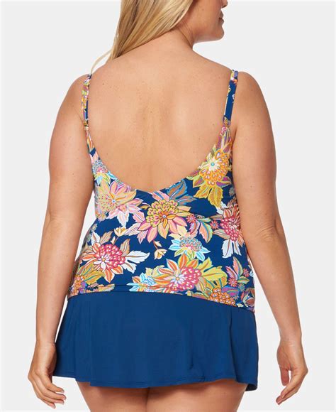 Bleu Rod Beattie Synthetic Plus Size Floral Printed Tankini Top In Navy