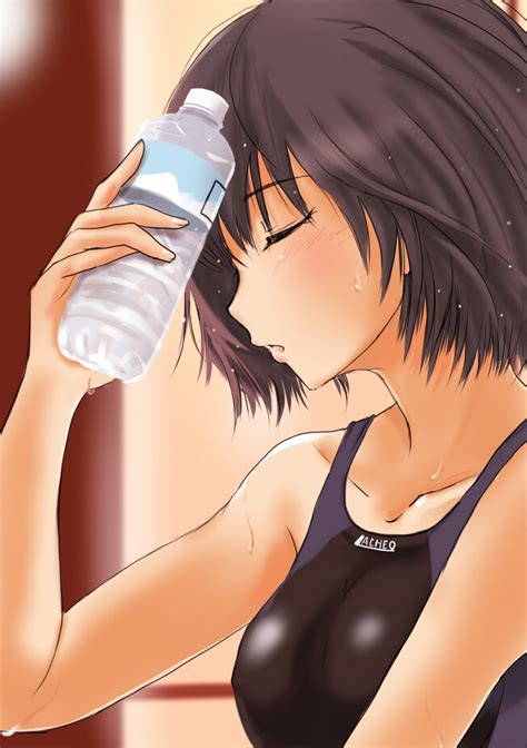 Murasaki Iro Nanasaki Ai Amagami 1girl Bare Shoulders Black Hair Blush Bob Cut Bottle