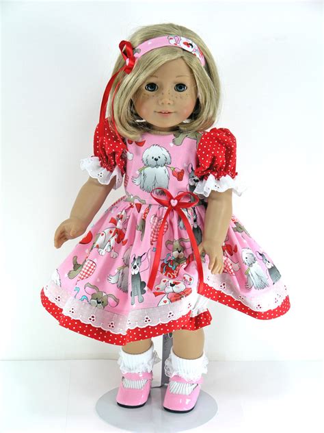 Doll Clothes Handmade For 18 Inch American Girl Dress Pantaloons Headband Puppies Hearts