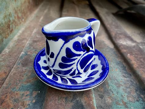Mexican Anfora Puebla Blue Very Small Creamer And Saucer Blue And