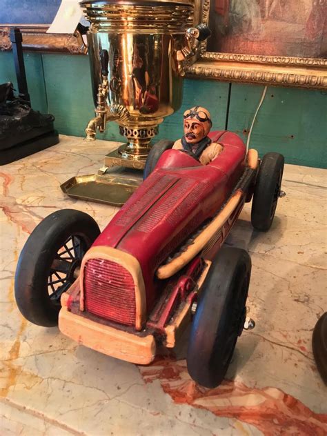 Art Deco Hand Carved Wood Toy Race Car Model Miniature Folk Art