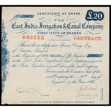 Reliance continues to be a 5. East India Irrigation & Canal Co. Stock Certificate.