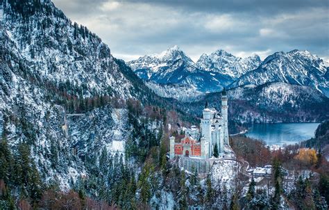 Wallpaper Autumn Snow Mountains Lake Castle Germany Bayern