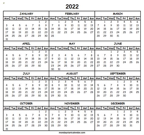 Printable Calendar 2022 Monday Start Jan To Dec 2022 Calendar Editable