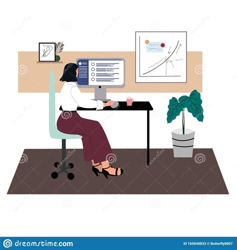 Woman At Work In The Office Young Girl Is Working At The Desk On The