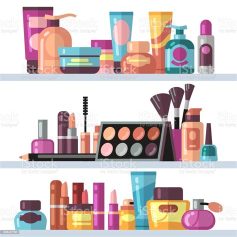 Cosmetic Bottles On Store Shelves Woman Beauty And Care Vector Concept