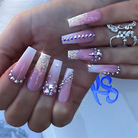 Long Coffin Nail Ideas With Rhinestones Long White Opal Glitter