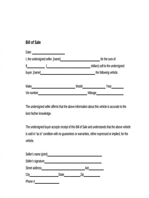 Printable Blank Bill Of Sale For Car