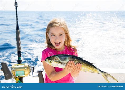 Kid Girl Fishing Tuna Bonito Sarda Kissing Fish For Release Royalty