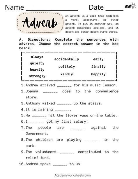 Adverb Worksheet Academy Worksheets