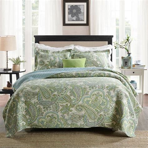 Queen Size 3 Piece 100 Percent Cotton Bedspread Quilt Set With Green