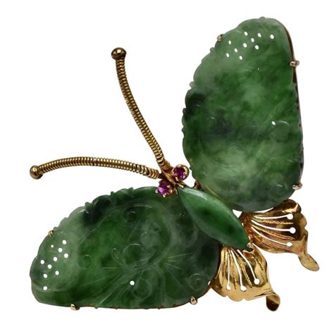 14k Yellow Gold And Green Jade Butterfly Pin Renaissance Antiques