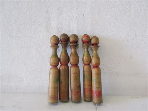 0021273 Set Of Five Vintage Wooden Bowling Pins H 14 Cm Each