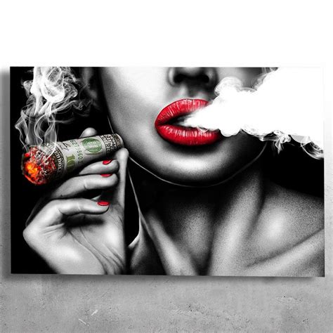 Sexy Red Lips With Money Dollars Canvas Art Black And White Girl Smokes