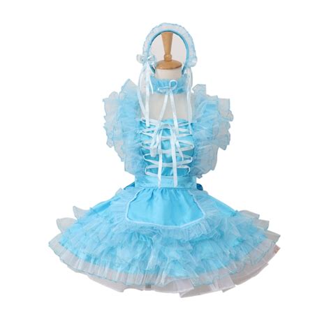 Lockable Sissy Maid Satin Organza Blue Dress Cosplay Costume Puffy