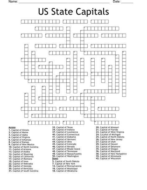 States And Capitals Crossword Puzzle