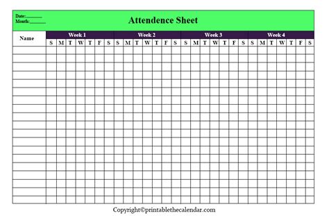 Monthly Attendance Sheet Chart Attendance Sheet Monthly Calendar