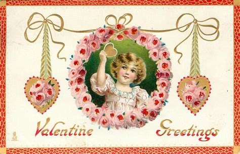 Valentine Greetings Girl In Insert Ringed By Pink Peonies Holds Gilt