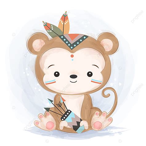 Cute Watercolor Tribal Monkey Illustration, Monkey Clipart, Adorable