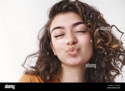 Headshot Cute Flirty Passionate Young Caucasian Girl Black Curly Hair