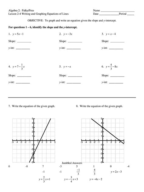 Graphing Linear Equations In Slope Intercept Form Worksheet