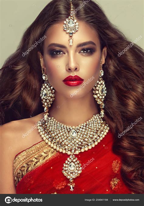 Portrait Beautiful Fashion Indian Girl Young Hindu Woman Model Kundan