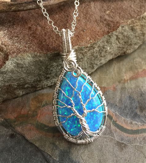 Blue Opal Necklace Sterling Silverwire Wrapped Synthetic Blue Etsy