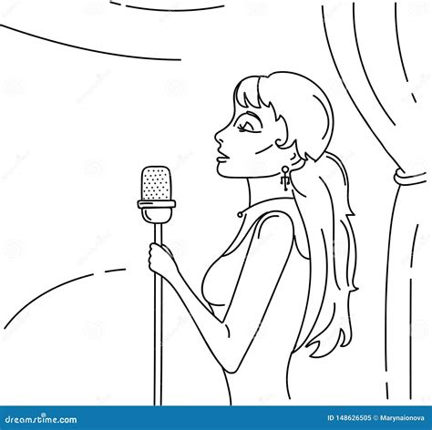 Beautiful Singing Girl With Microphone On Stage Cartoon Vector