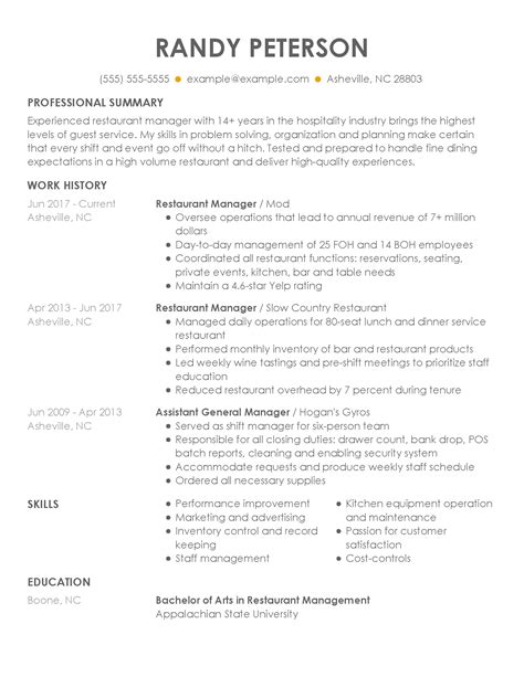 restaurant manager resume examples culinary livecareer