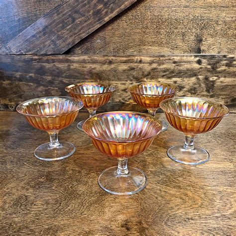Vintage Peach Carnival Glass Dessert Dishes Set Of 5 Etsy Carnival Glass Vintage