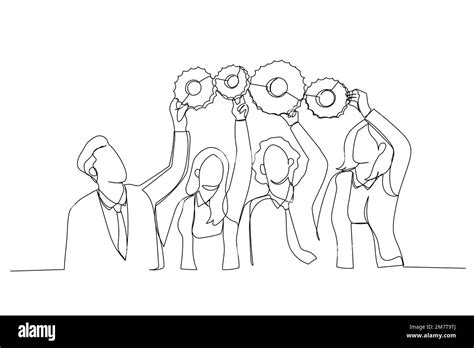 Drawing Of Colleagues Connect Cog Gear Find Business Solution Happy Employees Workers Hold