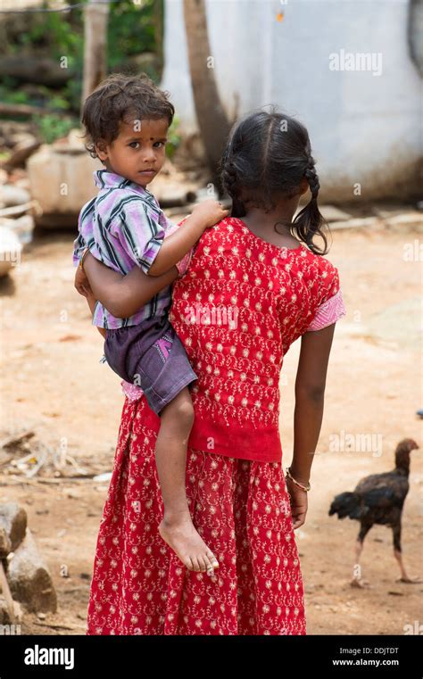 Smiling Happy Rural Indian Village Girl Carrying Her Brother Andhra