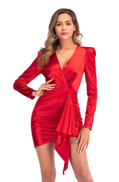 elegant red long sleeve wrappd mini party dress long sleeve sheath dress long sleeve bodycon
