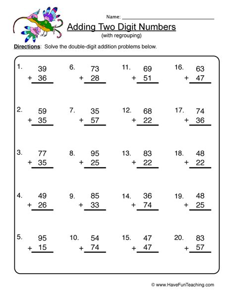 Adding Two Digit Numbers Worksheet First Grade