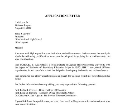 Thank you for considering my application. Application letter for teacher fresh graduate word