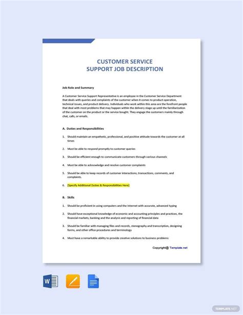 Free Customer Service Job Description Template Download In Word