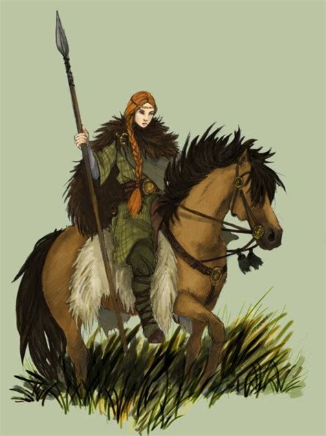 Gaelic Woman Warrior Mounted On Horseback With A Spear Character