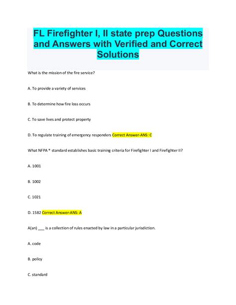 Fl Firefighter I Ii State Prep Questions And Answers With Verified And