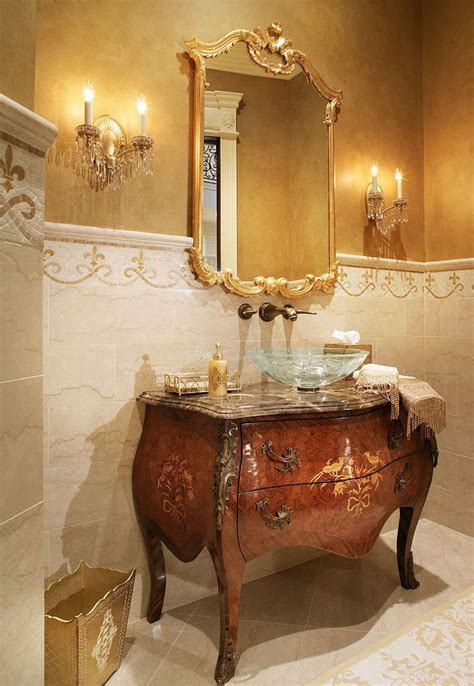 Luxurious Powder Room With Elegant Louis Xv Style Carved Mirror