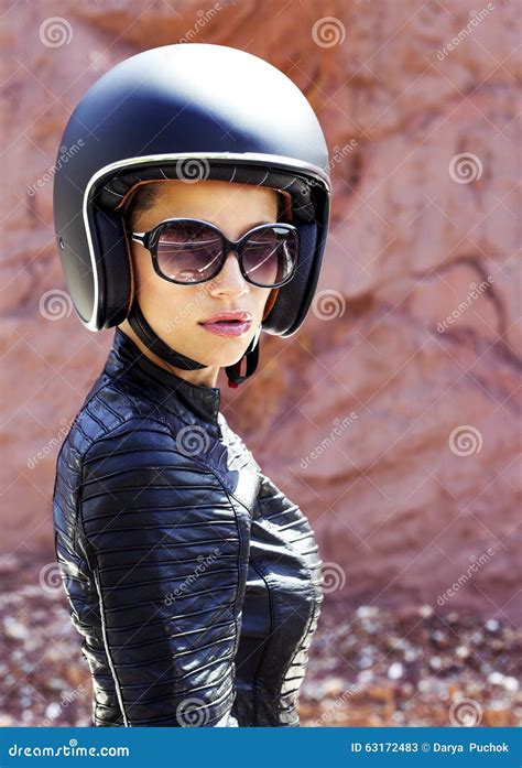 Beautiful Woman In Black Helmet And Leather Jacket Stock Image Image