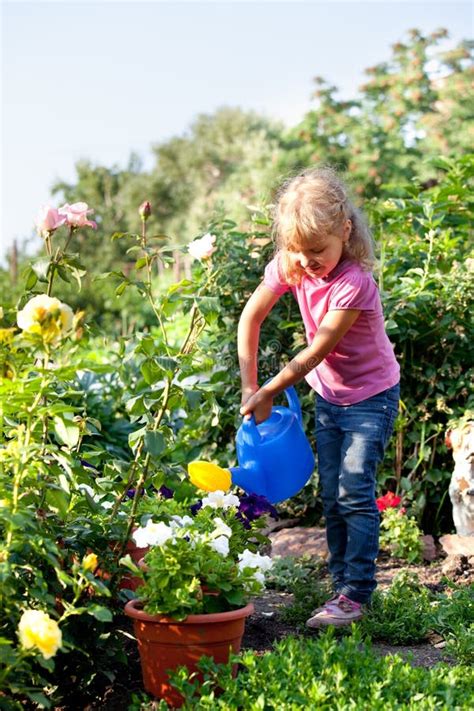 Girl Watering Flowers Are Watered From Stock Image Image Of Pouring
