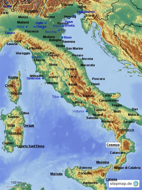 StepMap Italien Städte und Flüsse Landkarte für Italien