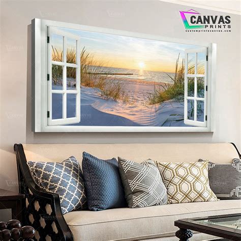 Faux Window Canvas Prints Blue Sun Beach Grass Ocean Landscape Coastal
