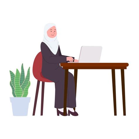 Premium Vector Arabian Hijab Women Office Lady Working On Laptop Flat