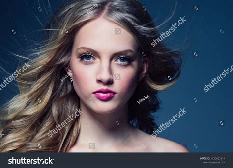 Beautiful Blonde Model Girl Pink Lipstick Stock Photo 1120803614