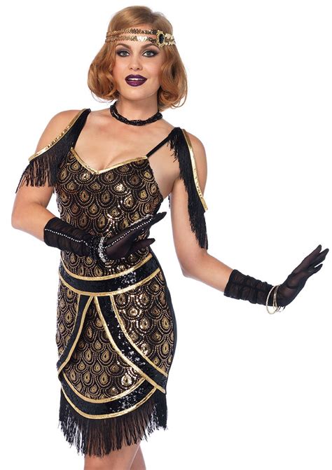 Roaring 20s Fantastic Flapper Costume Black And Gold Sequin And Fringe Dress