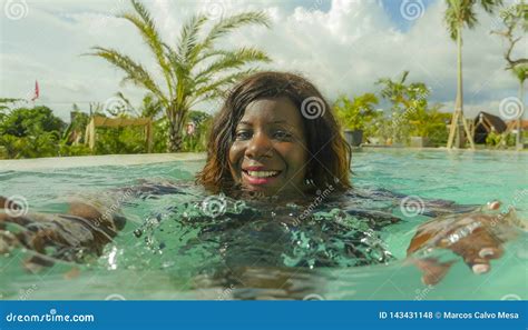Happy And Beautiful Black African American Woman In Bikini Having Fun