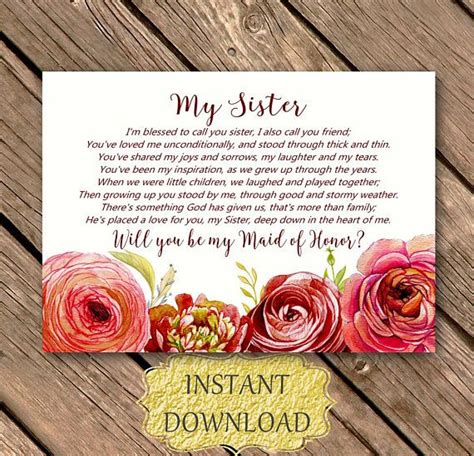 Sister Will You Be My Maid Of Honor Proposal Red Card Country Vintage