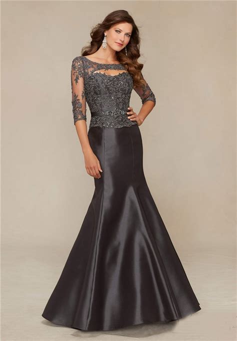 Mermaid Front Cut Out Charcoal Grey Satin Lace Beaded Evening Prom